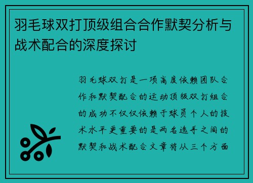 羽毛球双打顶级组合合作默契分析与战术配合的深度探讨